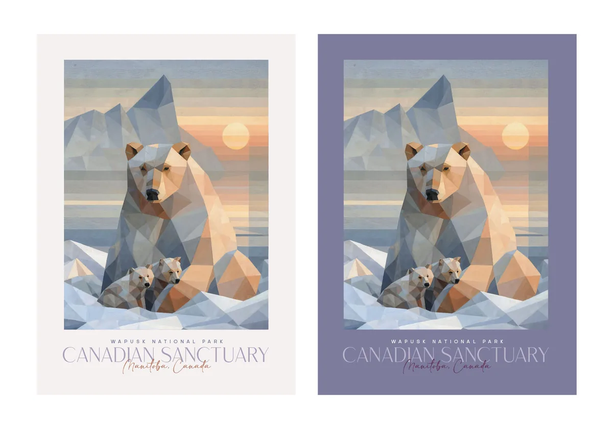 The same polar bear artwork in two versions, one with a white margin and one with a lilac margin