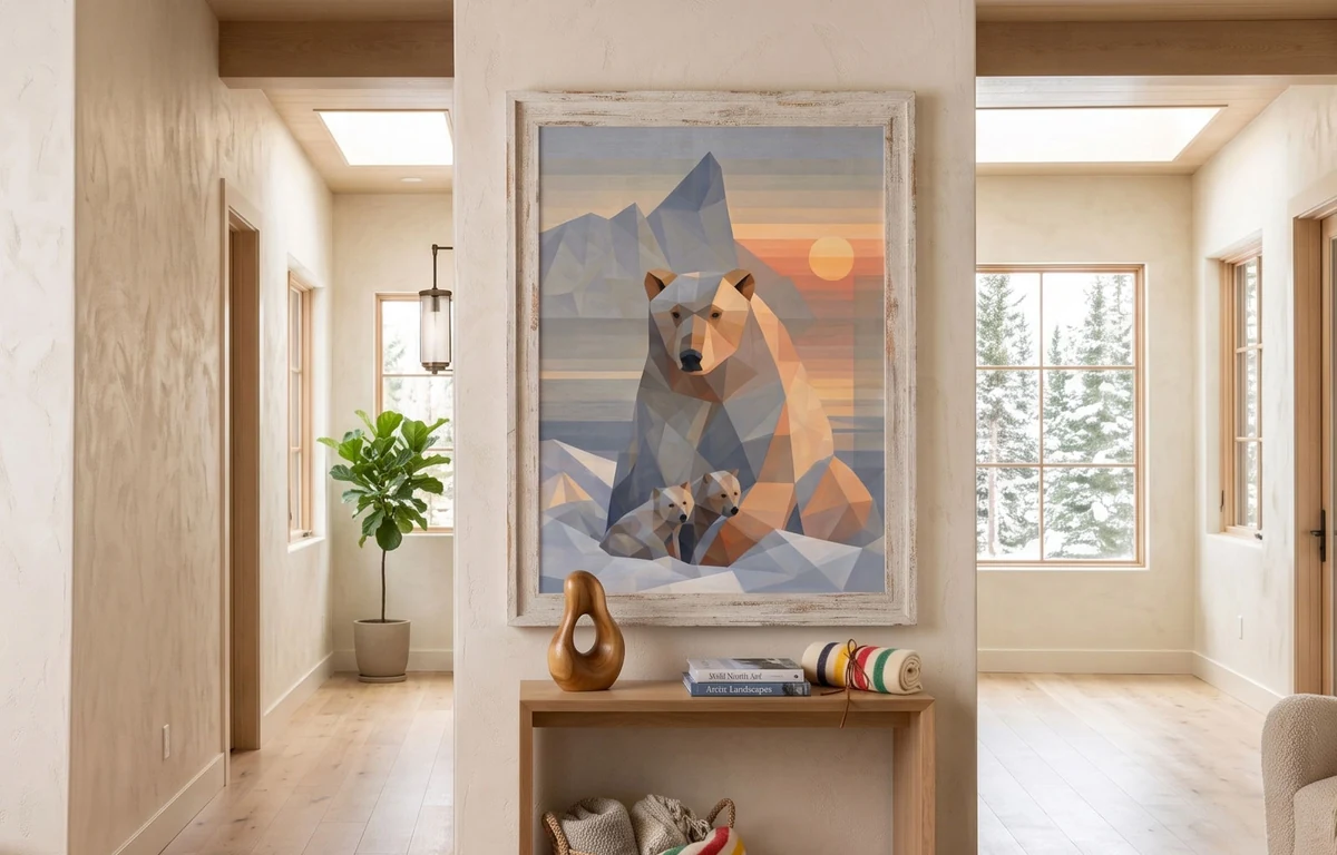 Bright hallway in a home, with a large poster of a polar bear and two cubs at sunset