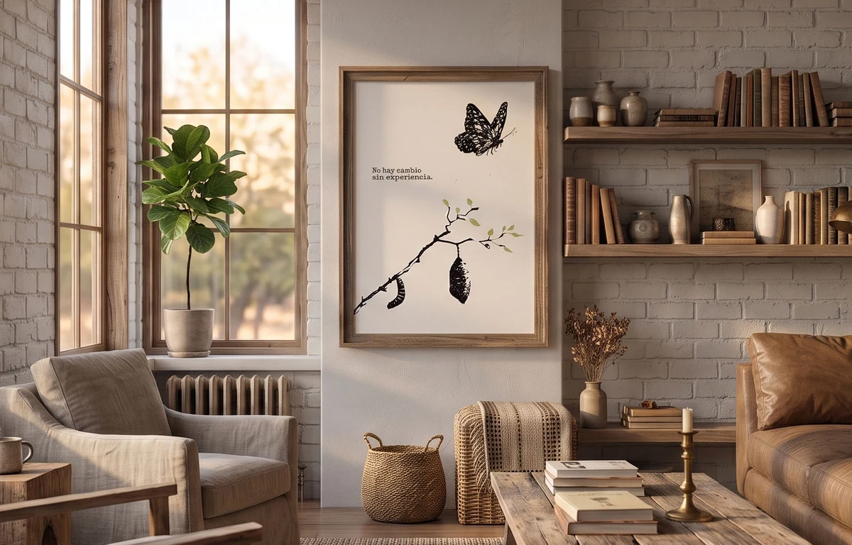 Living room with a poster of a butterfly leaving its chrysalis, with a phrase written beside it
