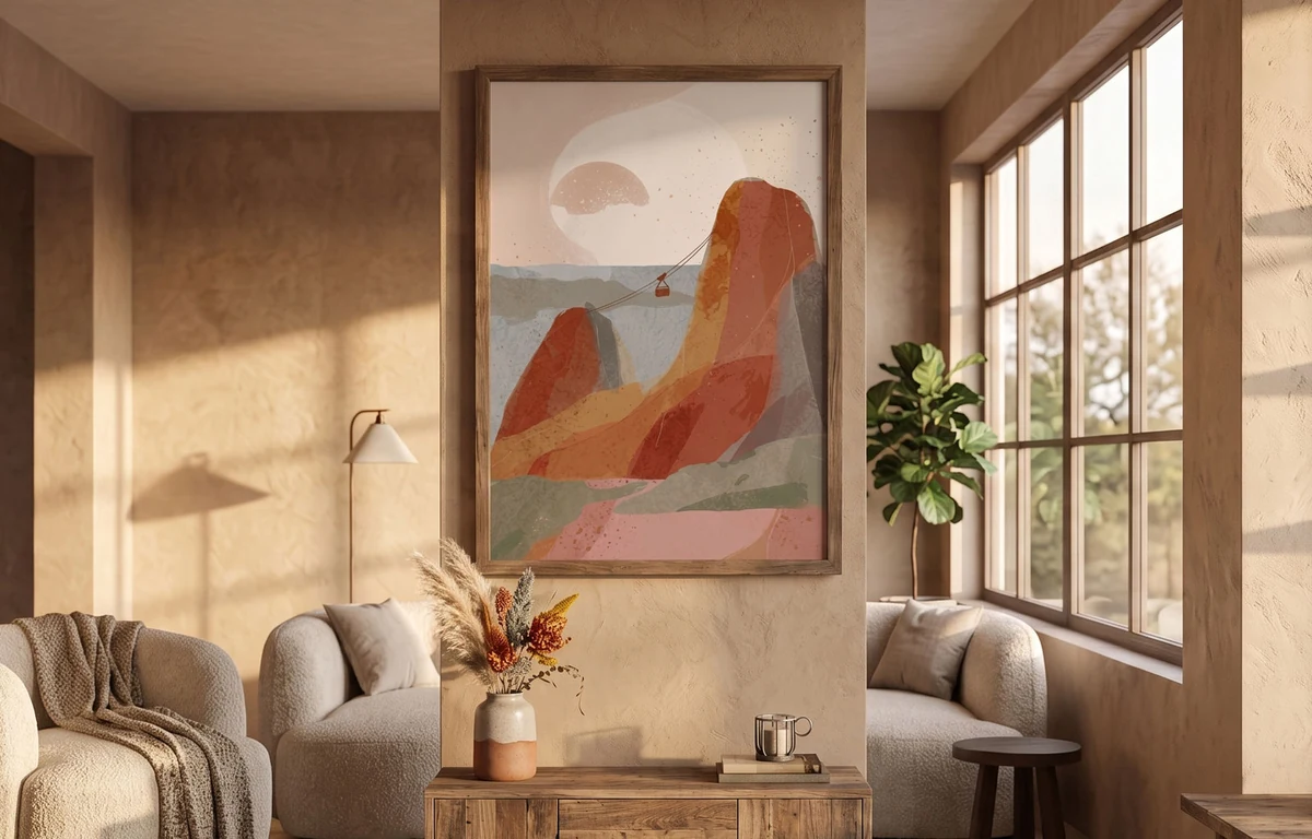 Living room in earth tones, with a large poster of an abstract mountain landscape at sunset, crossed by a cable car